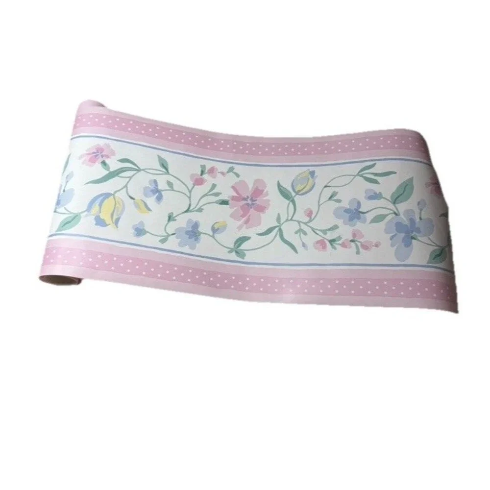 Traditional Satin Pink Polka Dot Blue Pink Yellow  Floral Border 10” x 10” Roll